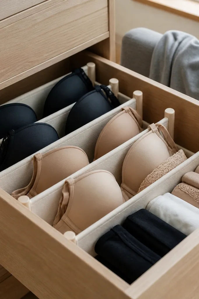 Closet drawer with soft-edged dividers separating bras and camis into tidy sections.