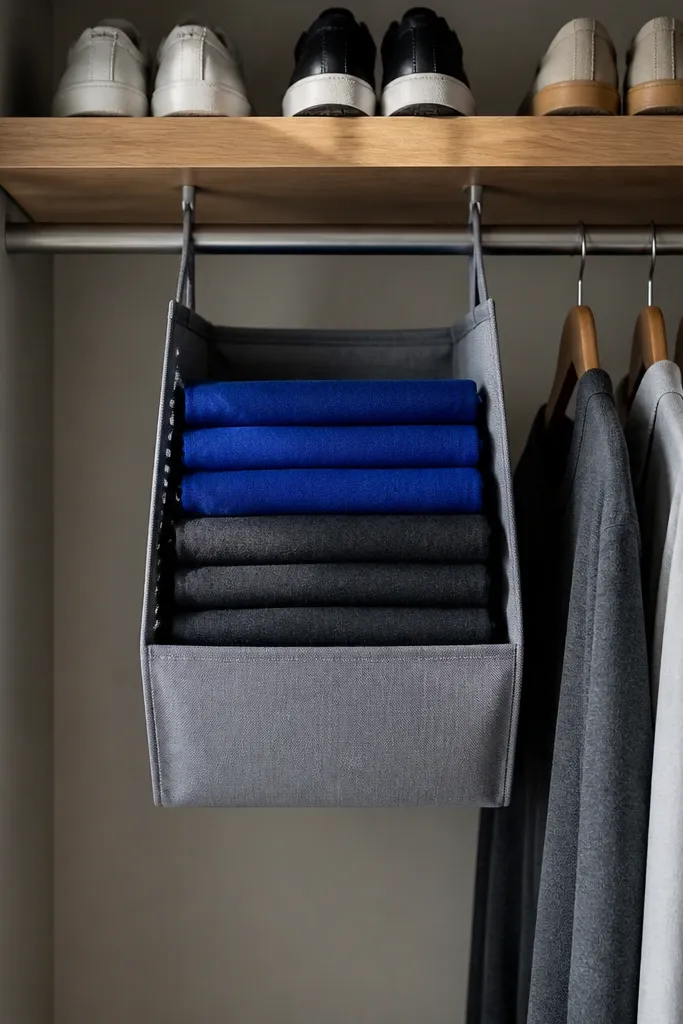 Workout pouch hanging under a closet rod with neatly folded gym clothes inside.