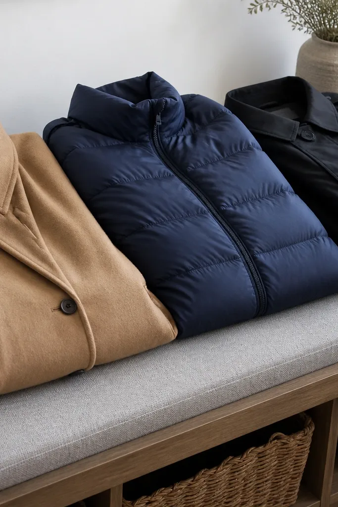A shelf turned into a coat fold station with a fabric runner and neatly stacked outerwear.