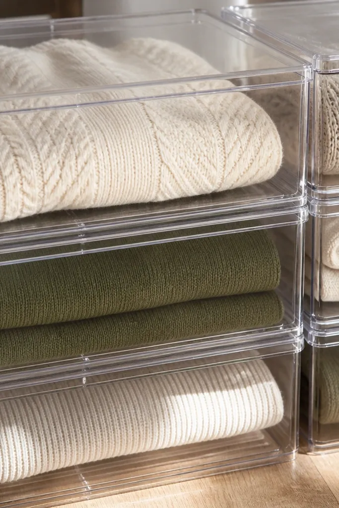 Clear acrylic bins with matching lids stacked neatly with labels on front.