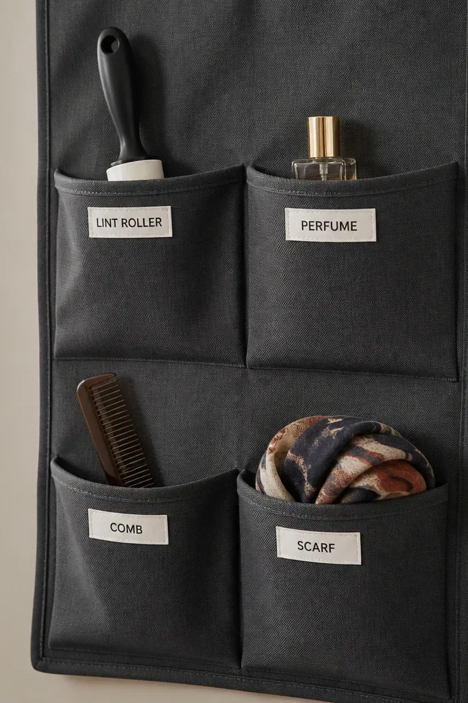 Closet door with pocket organizer holding lip balm, comb, and small daily items in rows.