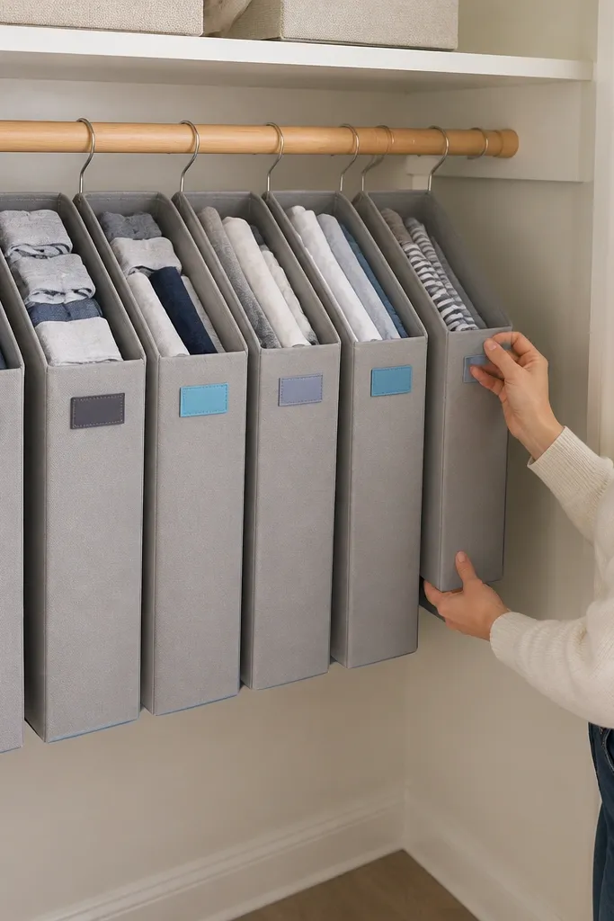 Hanging accordion-style folders holding folded shirts and sets in labeled sections.