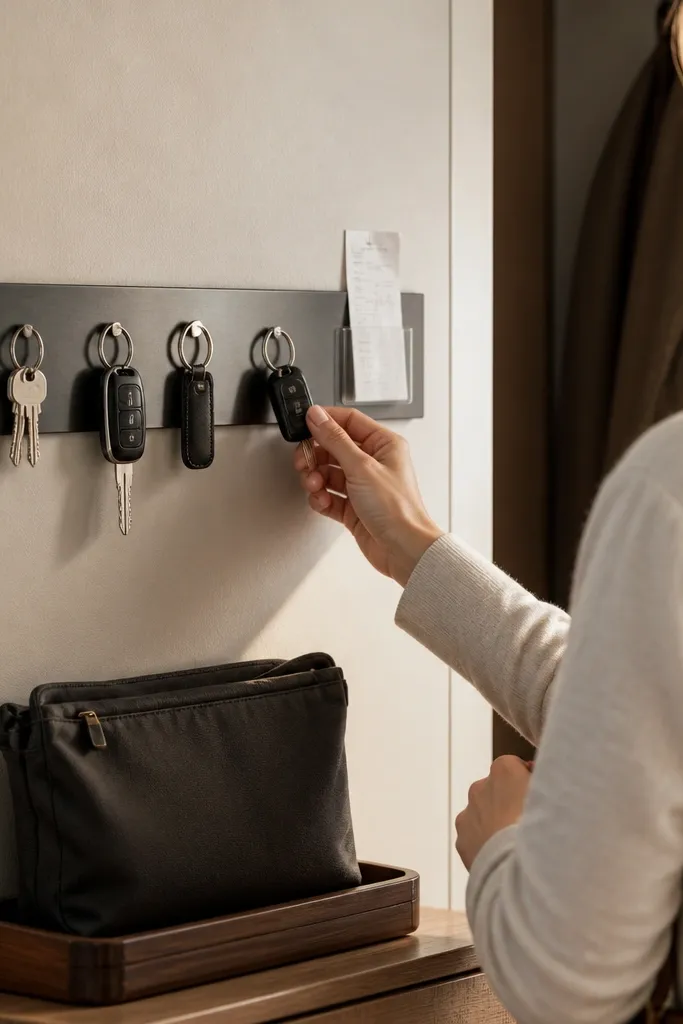 Wood strip with magnetic key bar and clear pocket for receipts and mail
