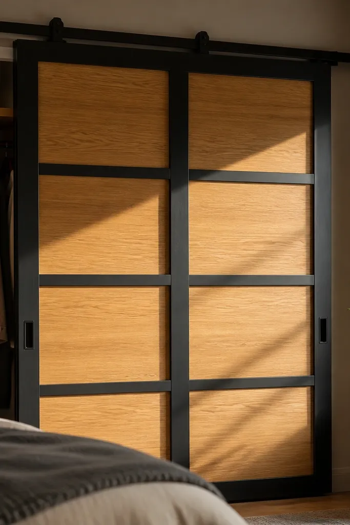 Black framed sliding closet door with warm oak panels