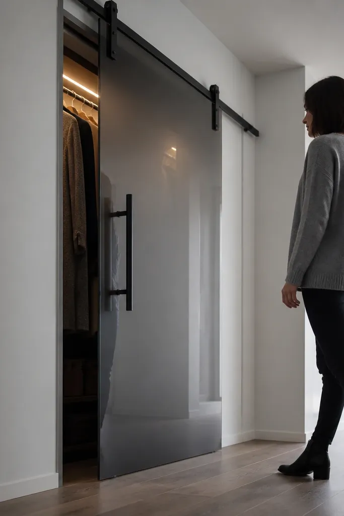 Smoked glass sliding closet door with black track and a bar pull