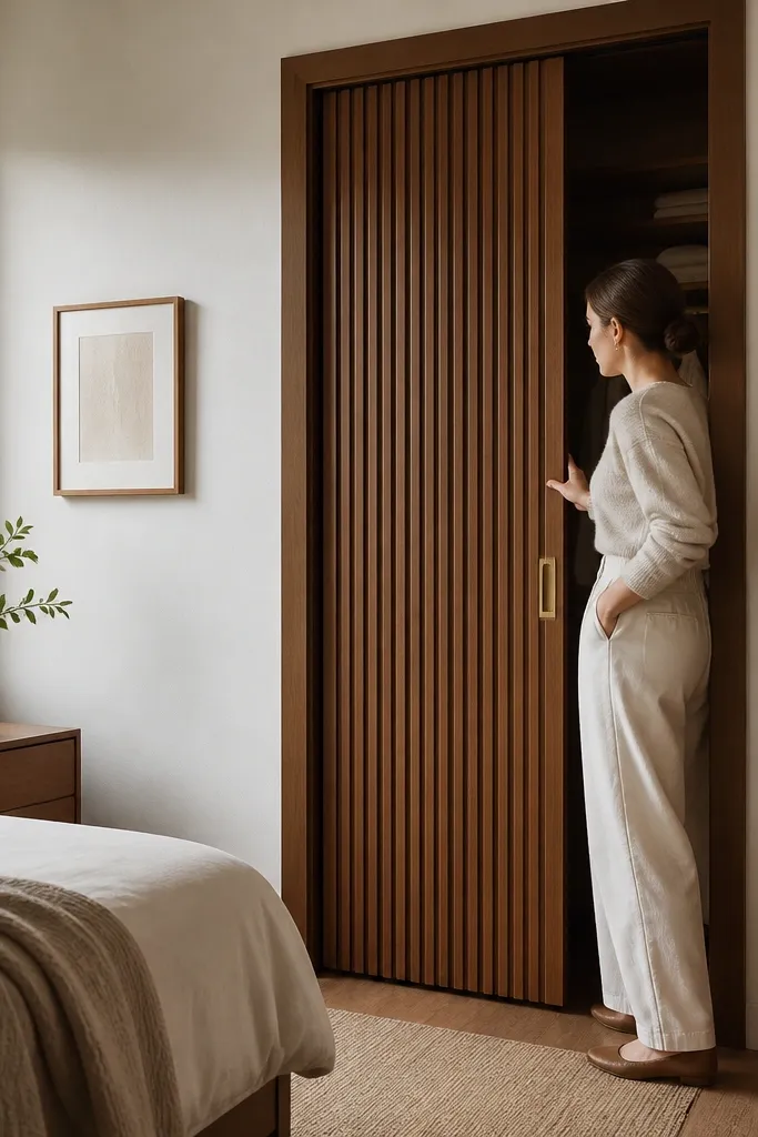 Vertical slatted sliding closet door in warm walnut stain