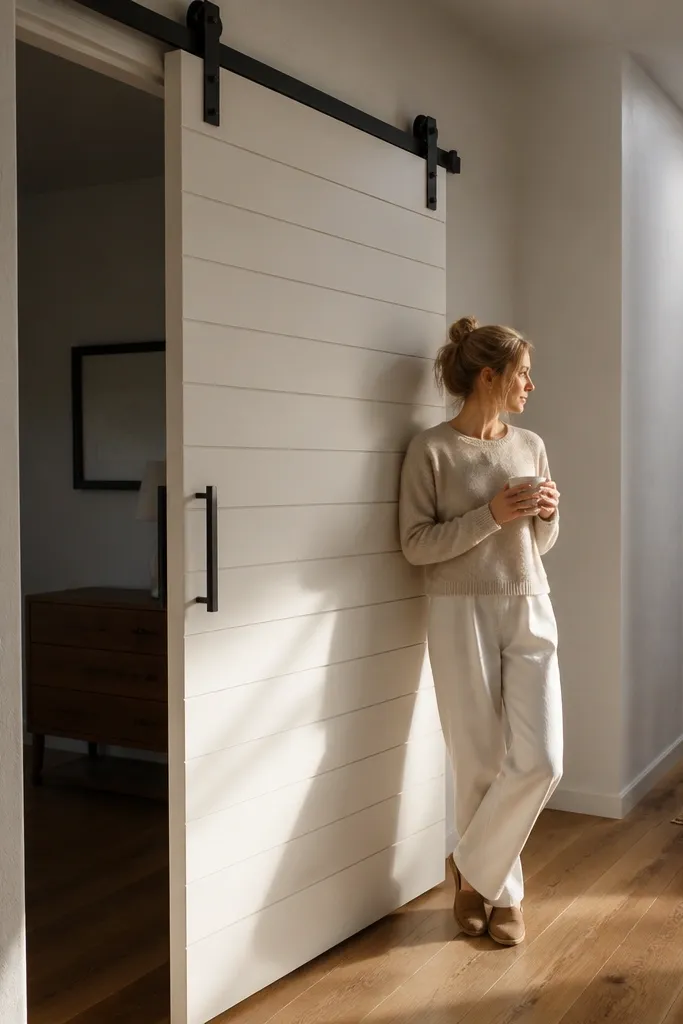 Soft white shiplap sliding closet door with minimal hardware