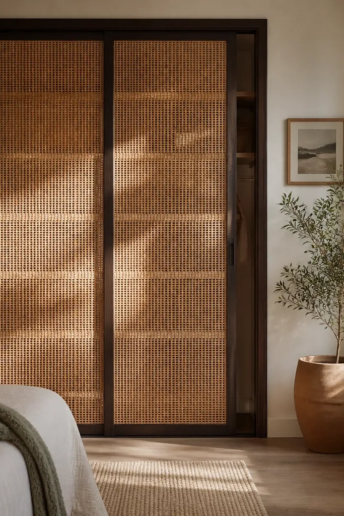 Woven rattan-style sliding closet door with clear coat