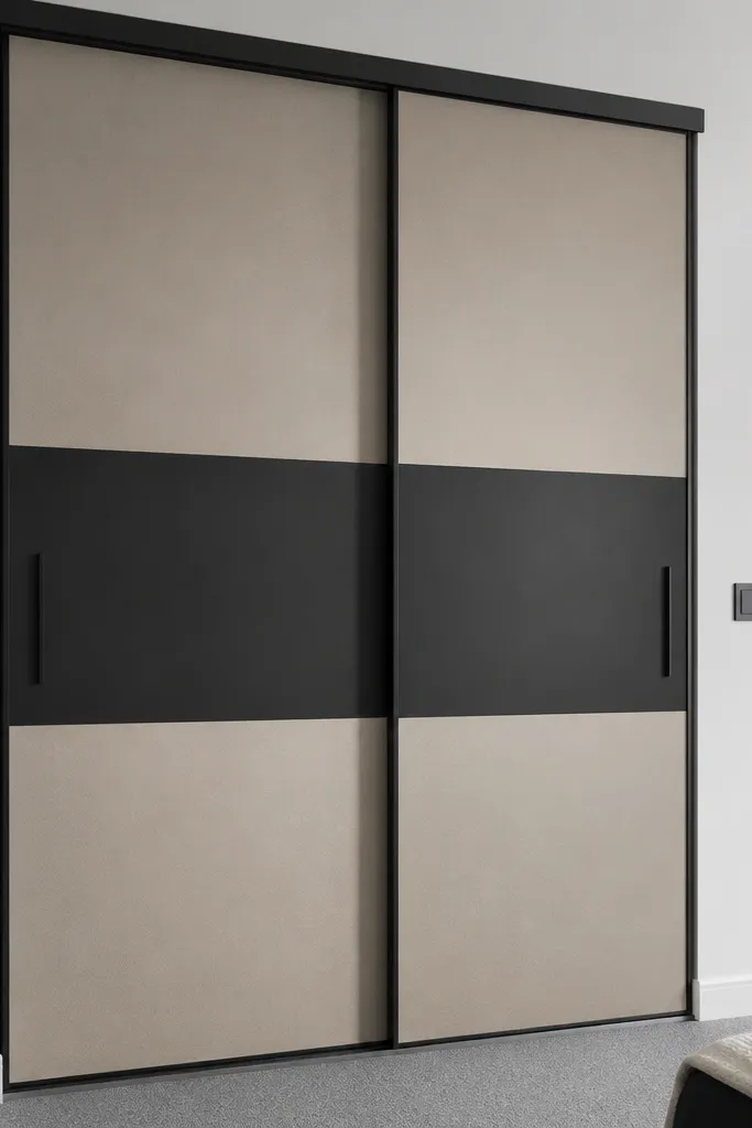 Stone and charcoal color-block sliding closet door with crisp lines