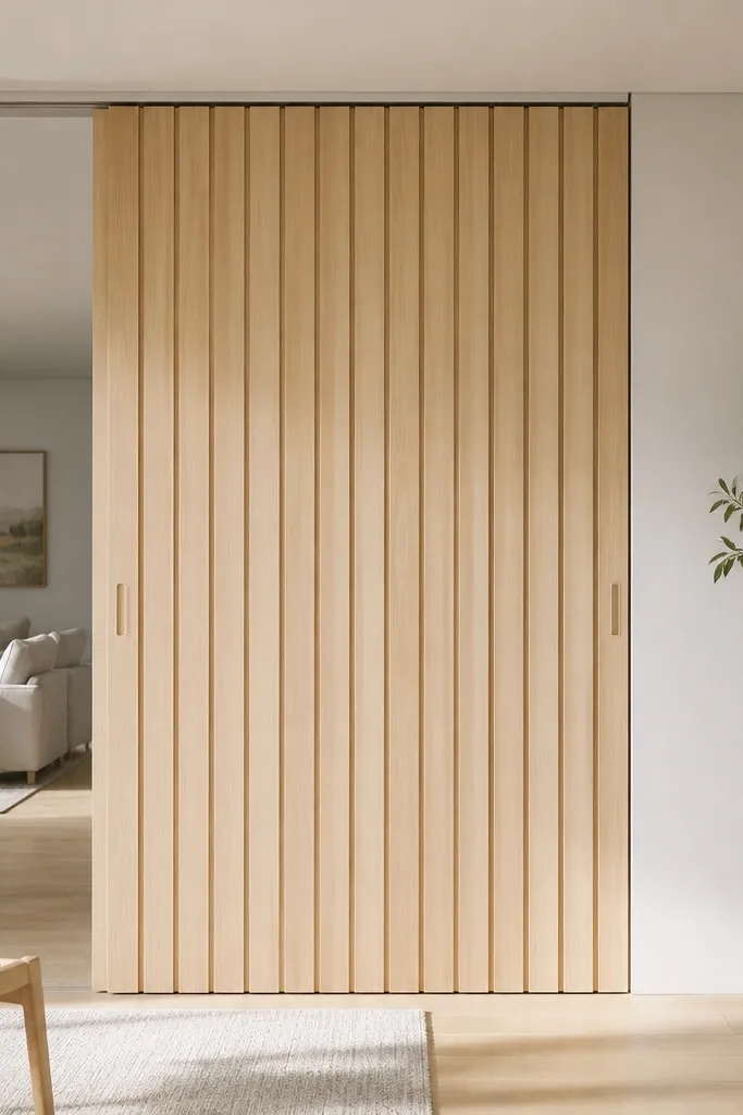 Natural birch sliding closet door with vertical channels