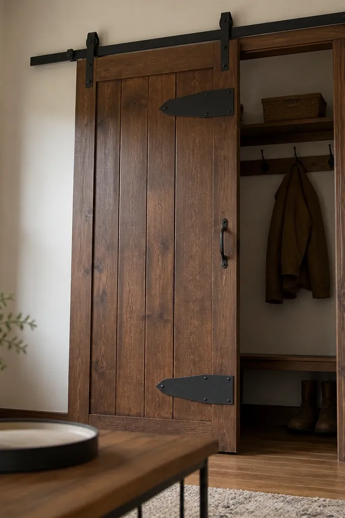 Barn-style sliding closet door with faux hinge plates and black hardware