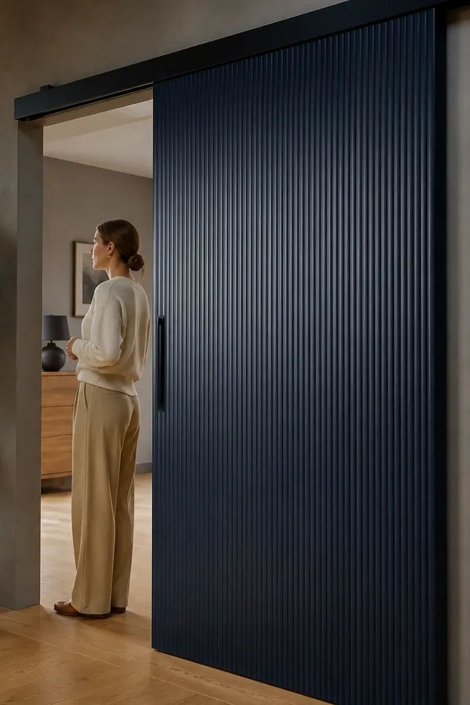 Deep navy reeded sliding closet door with subtle texture
