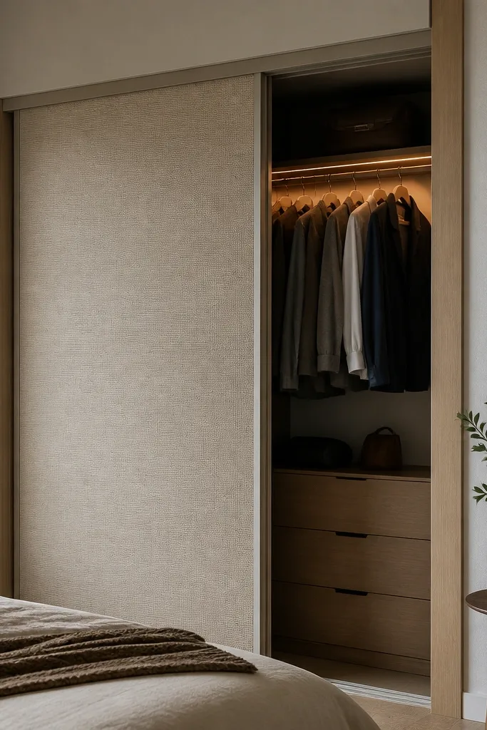 Fabric-backed sliding closet door in a tight wood frame