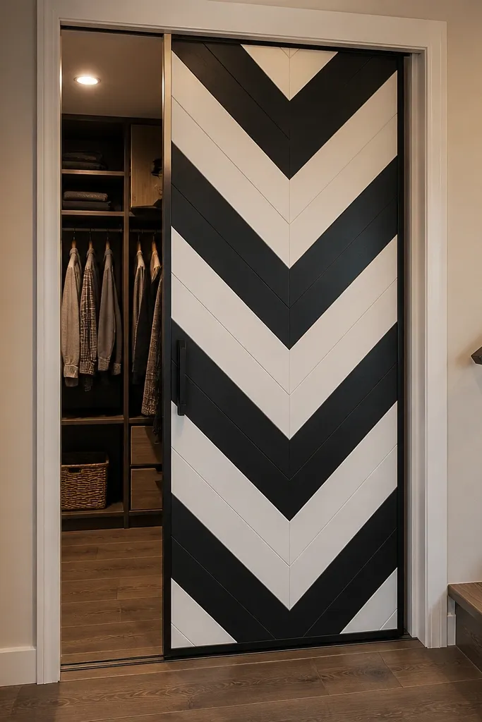 Black-and-white herringbone sliding closet door accent panel