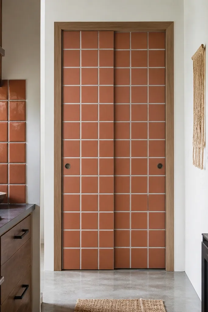 Terracotta tile inset sliding closet door with white grout pattern