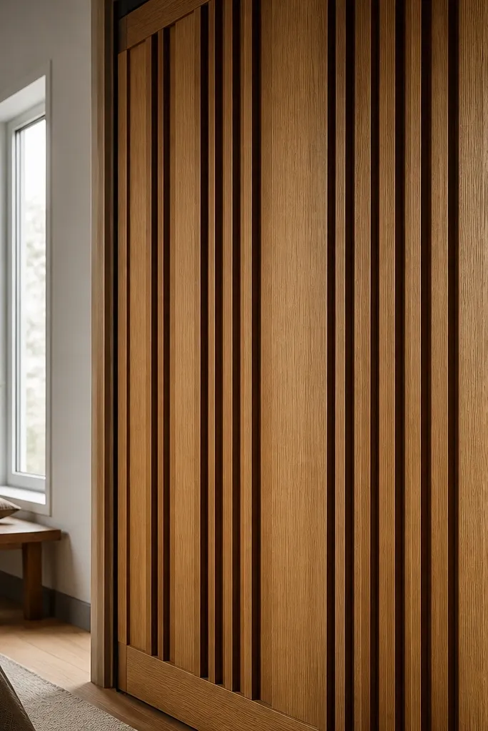 Wood slat sliding closet door with alternating wide and narrow gaps