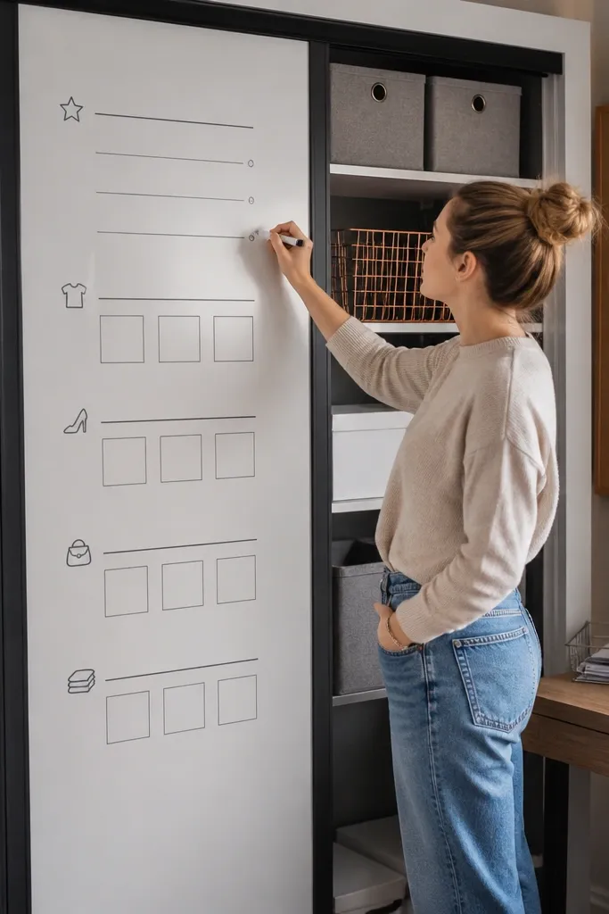 Sliding closet door with a whiteboard-coated panel and minimal frame