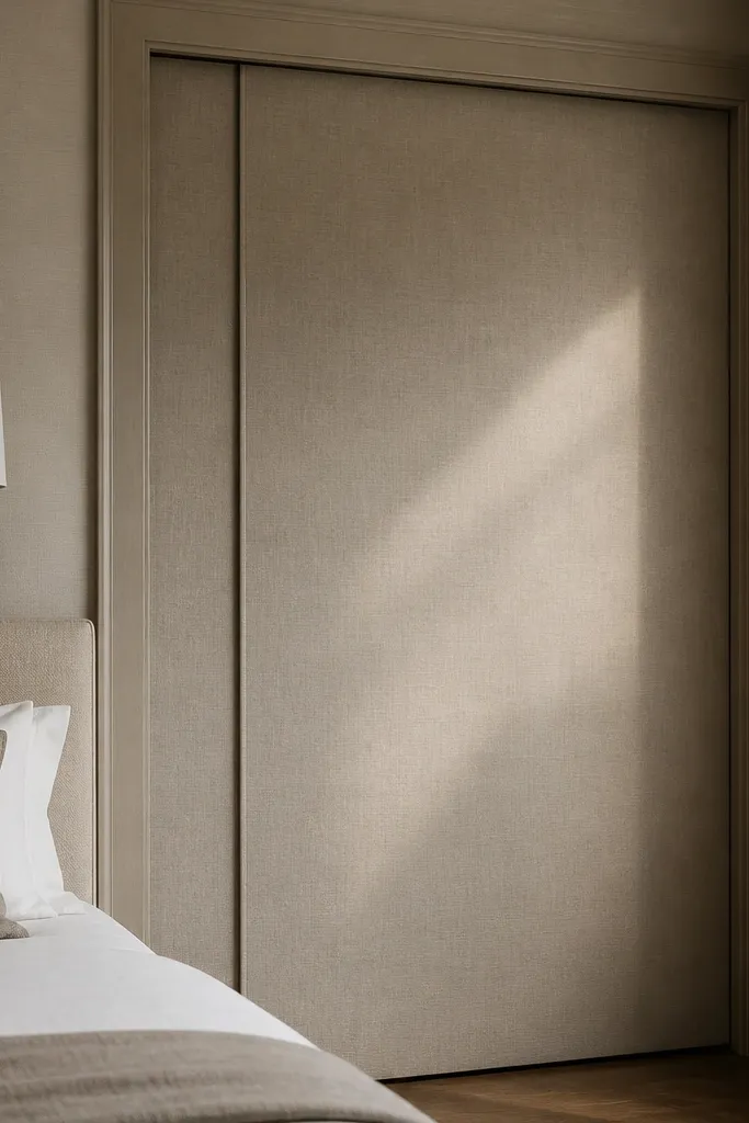 Linen-finish sliding closet door panel with hidden edge pull