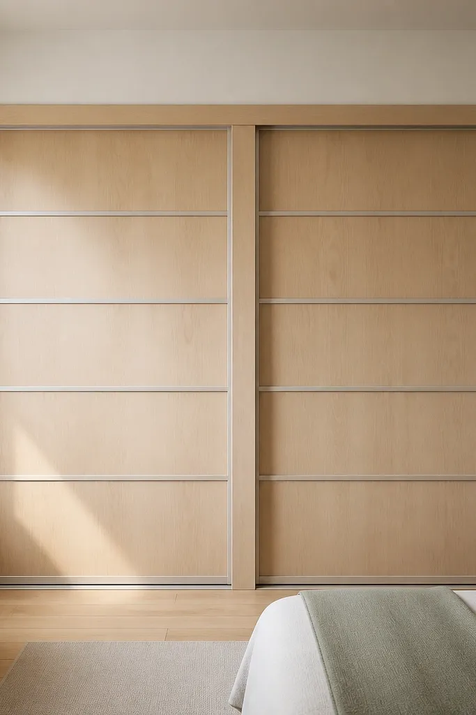 Two sliding closet panels with a center divider and matching trim
