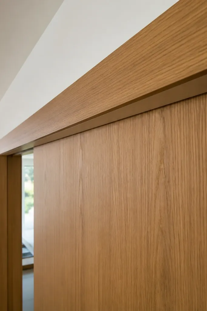 Wood-wrapped track cover above a sliding closet door