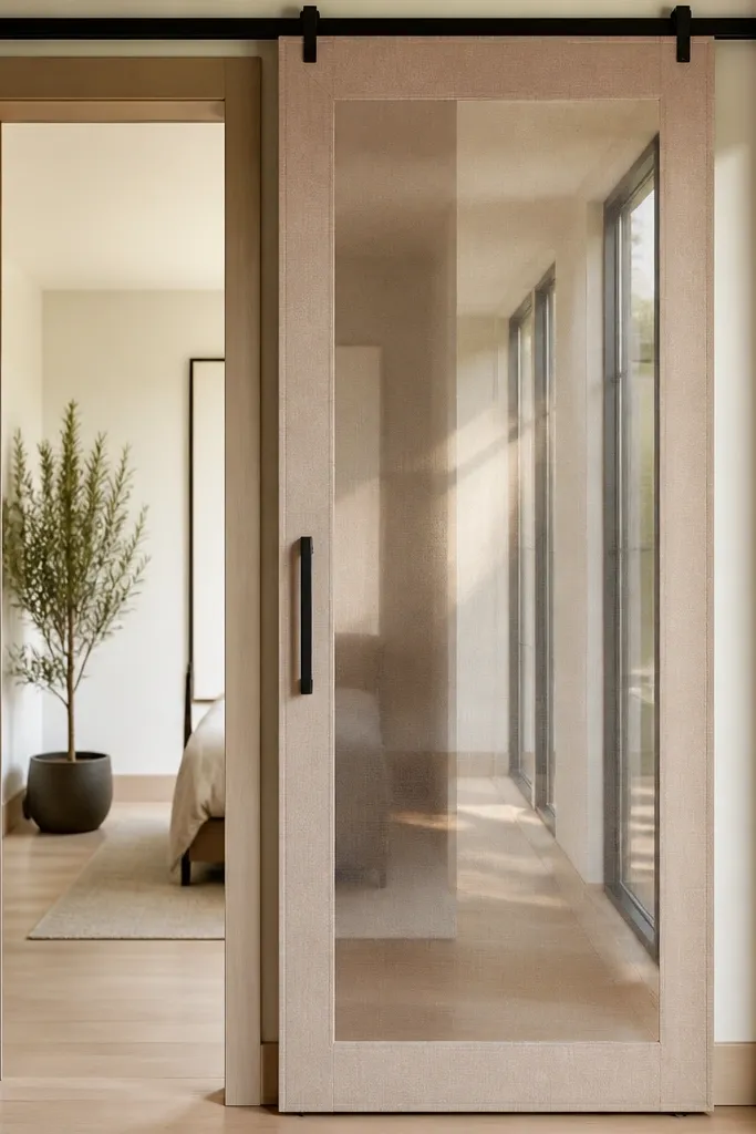 Clear acrylic sliding closet door with a fabric border frame