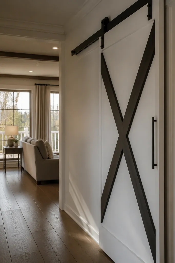 Matte white sliding closet door with black crossbuck pattern