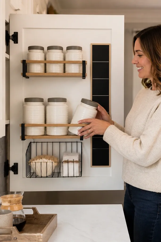 Coffee supplies on shelves mounted to the inside of a cabinet door