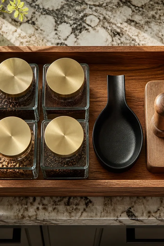 Wood serving tray on counter with labeled canisters and small tools arranged in a neat grid