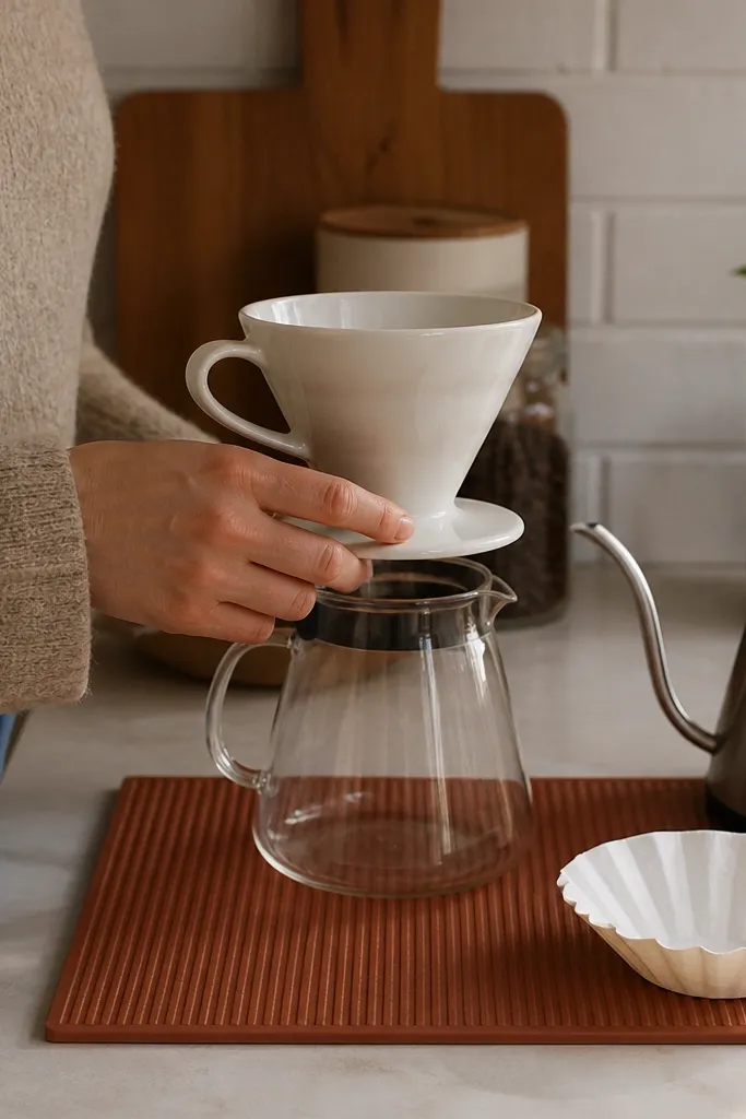 Pour-over setup on a heat-safe mat with a small stand for dripper and filter storage nearby