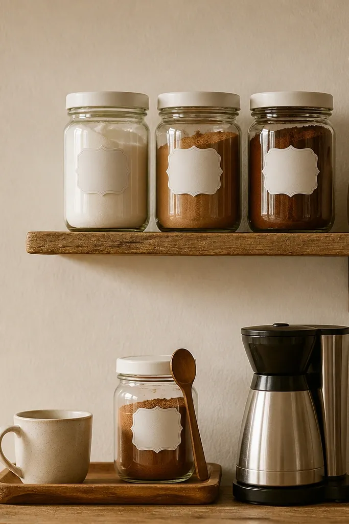Small wall shelf with mason jars labeled for coffee add-ins and a tidy mug below
