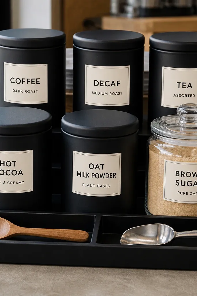 Labeled containers with consistent fonts and color-coded strips on a coffee station shelf