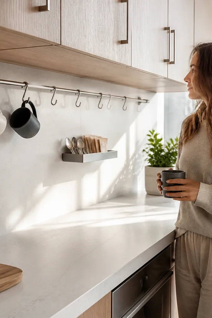 Small rail under cabinet with mugs hanging and spoons stored neatly