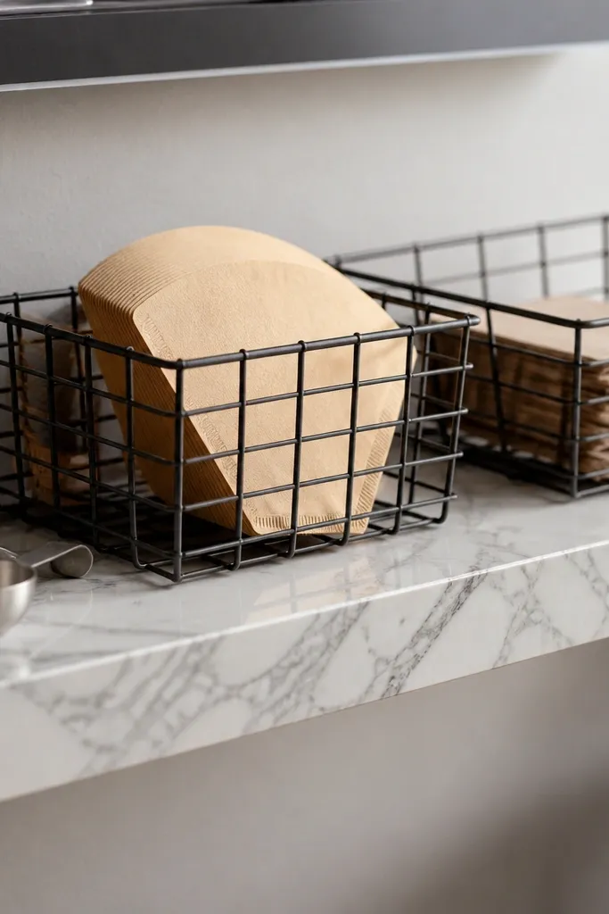 Slim shelf with wire baskets holding filters and canisters in matching colors