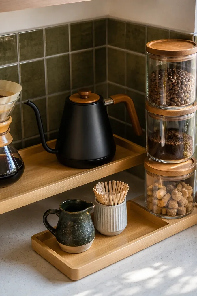 Corner coffee station with two matching trays and stacked canisters arranged by height