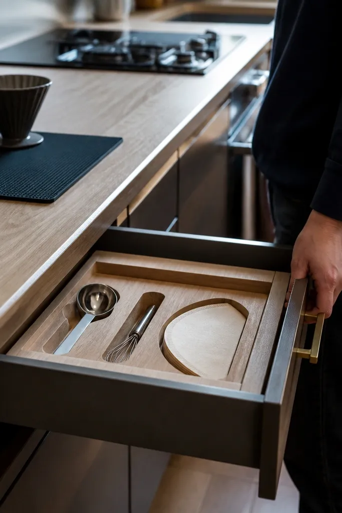 Open drawer with compartments for filters, scoops, and a small tool organizer