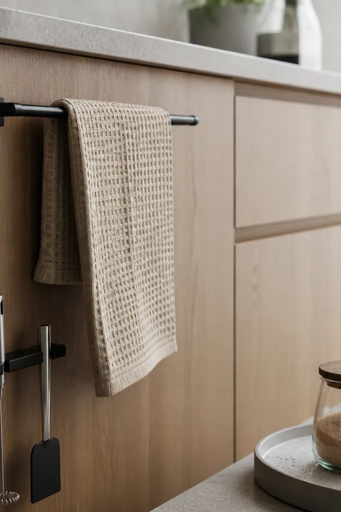 Small bar on cabinet side holding a towel and coffee tools in matching jars