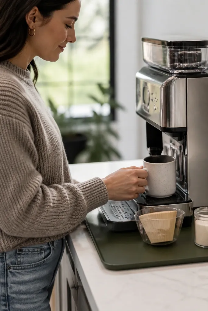 Wipeable tray next to coffee machine with jars for sugar and stir sticks