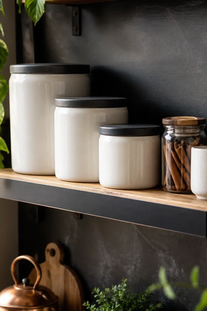 Wood shelf with small blackboard strip for coffee labels and canisters aligned underneath