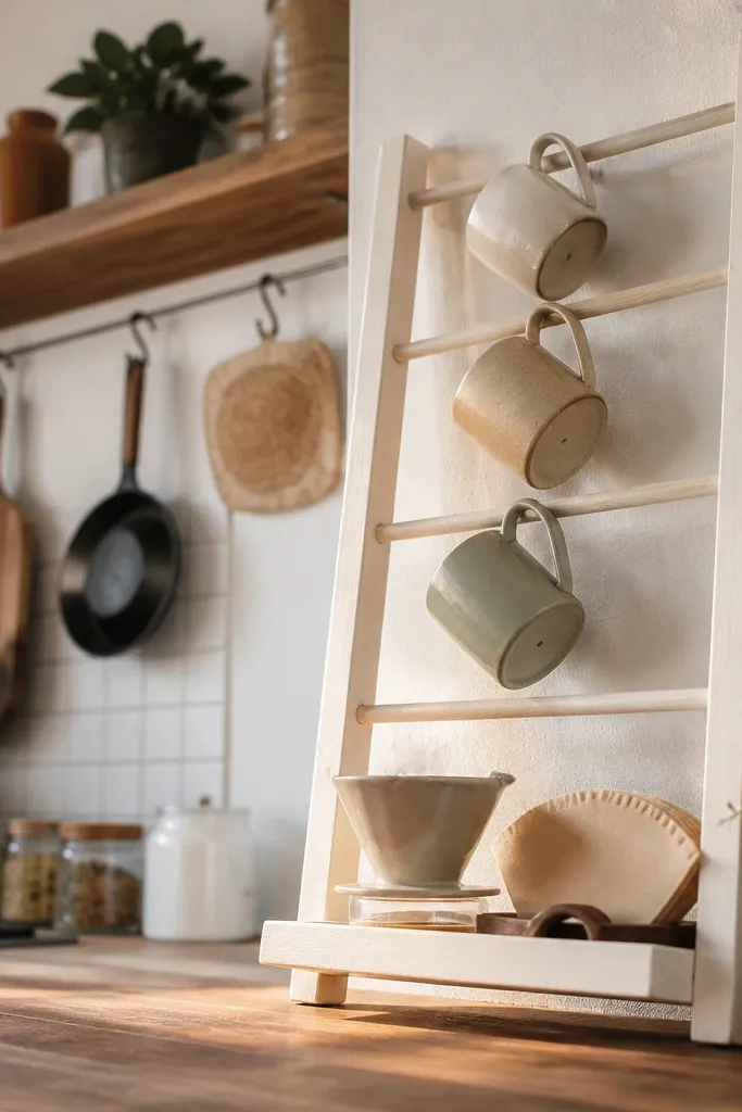 Small ladder rack with mugs hanging and a shelf holding pour-over dripper and filters
