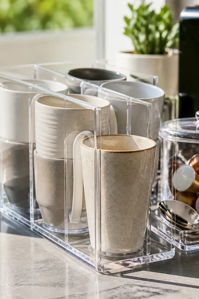 Clear cup organizer with a few stacked cups and a small tray for spoons