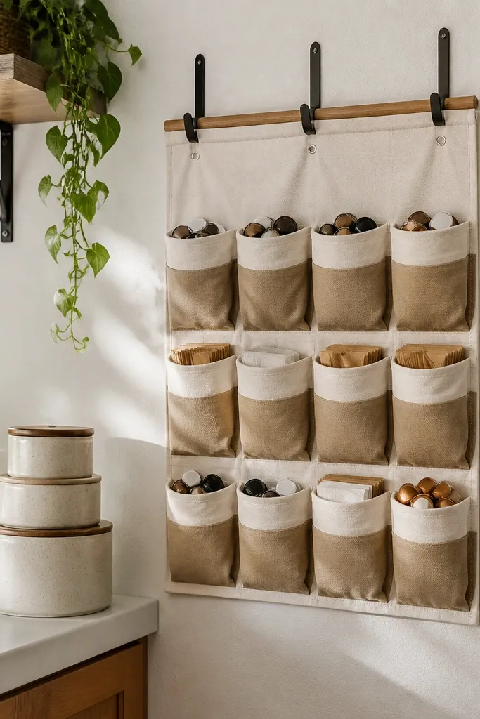 Fabric pocket organizer on pantry wall holding coffee filters and pods in neat rows