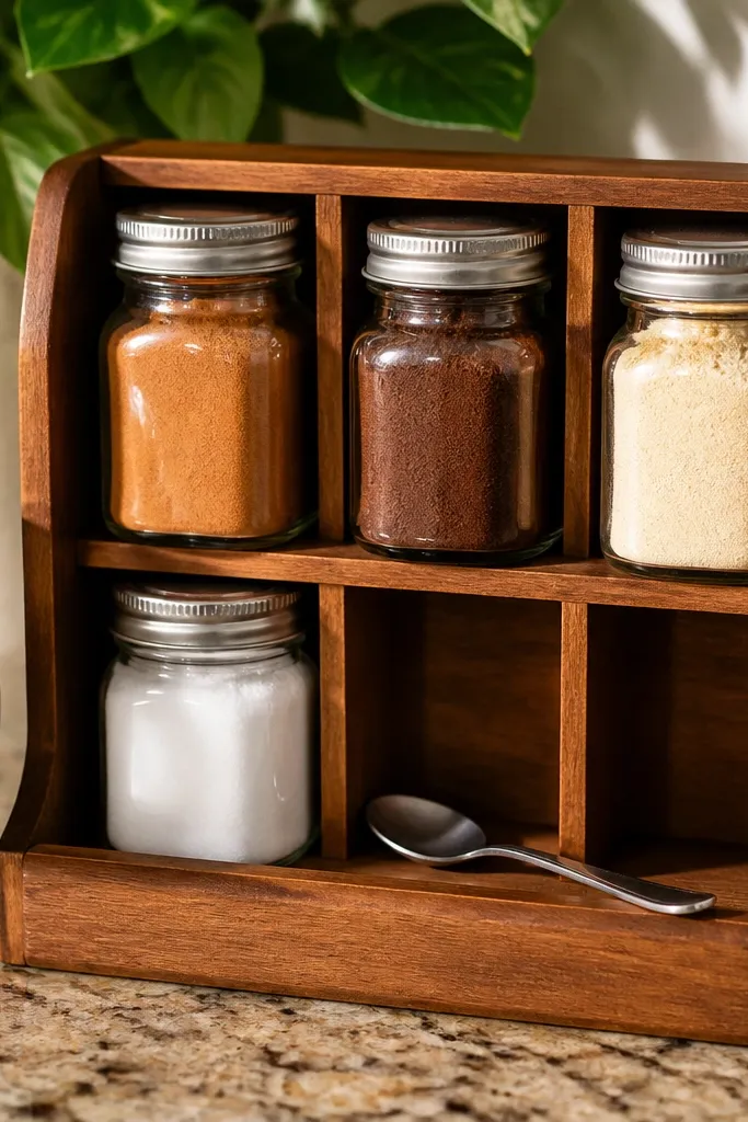 Small spice rack on counter with labeled jars for cinnamon, cocoa, and sweeteners