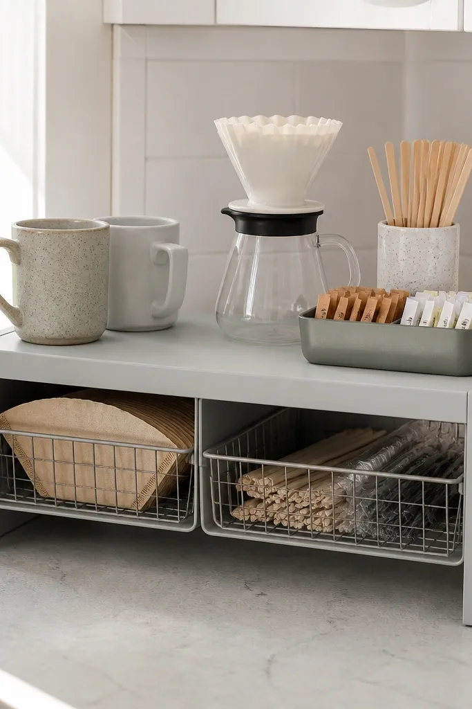 Small shelf unit on counter with bins under it for coffee backups and canisters on top