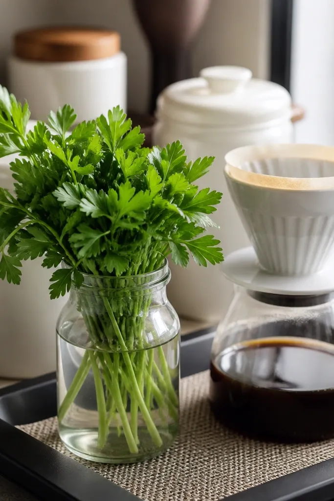 Small jar with fresh herb on coffee station tray near canisters and tools