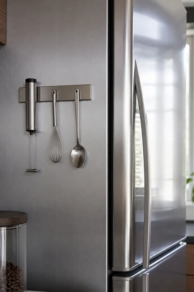 Magnetic strip on fridge side holding metal coffee tools and a small canister nearby
