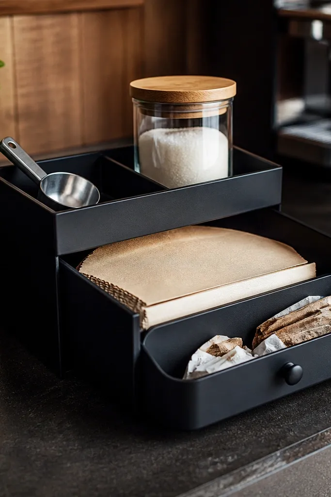 Counter caddy with a small pull-out tray for filters and compartments for tools