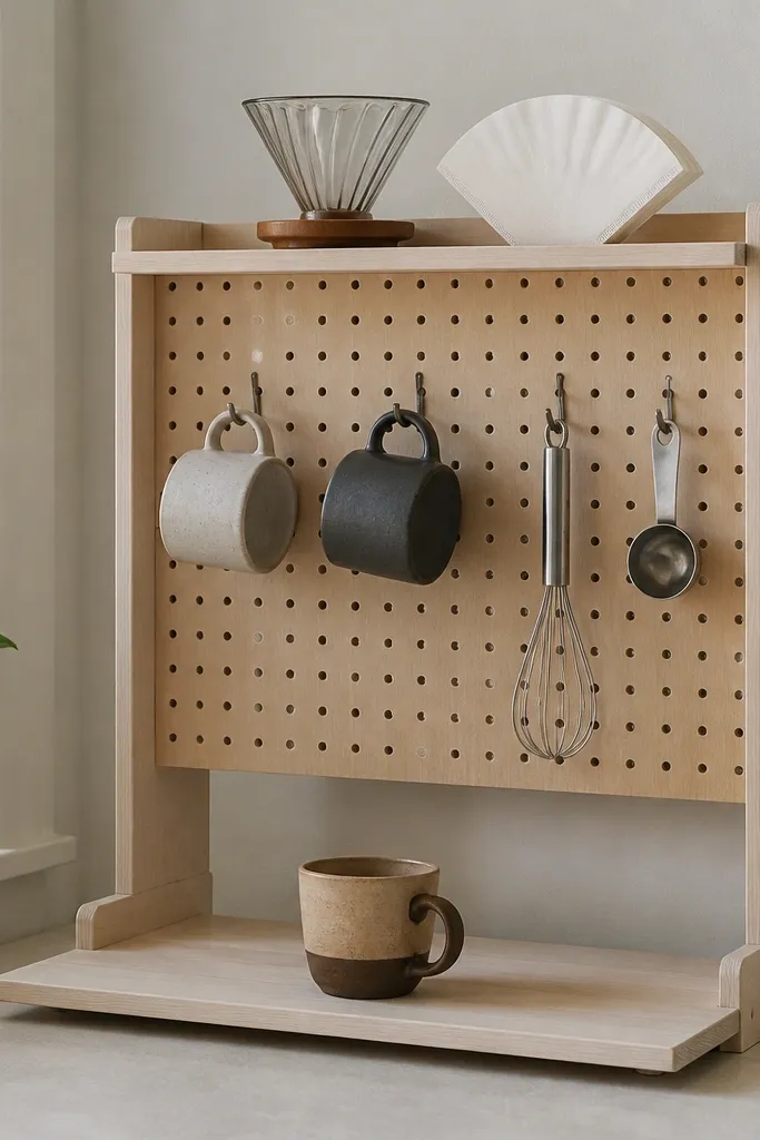 Sturdy wood board with pegboard front, hooks, and a small shelf for daily coffee items