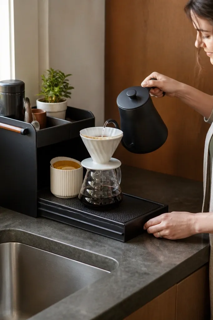 Sinkside caddy with a pull-out tray holding filters and a heat-safe pour-over mat