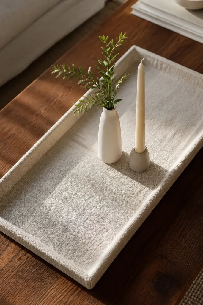 A coffee table tray wrapped in light linen with a small vase and candle centered on it