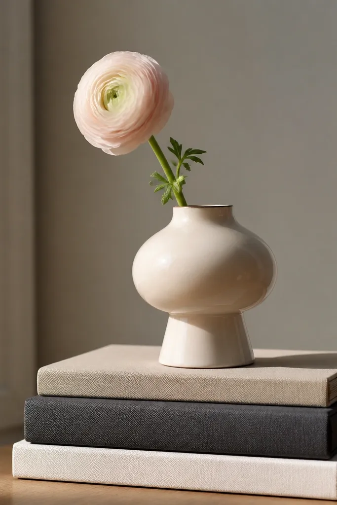 Stack of neutral hardcover books with a small ceramic riser holding one flower stem